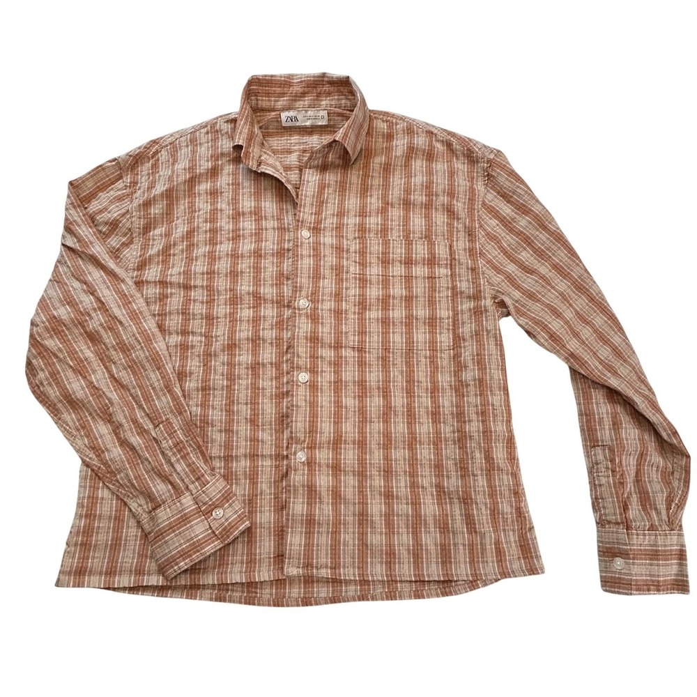 ZARA‎ Plaid Long Sleeve Button Up Shirt Men's Size Small Orange Tan Linen Blend